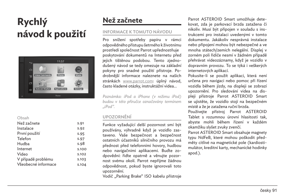 Rychlý návod k použití, Než začnete | Parrot ASTEROID Smart User Manual | Page 91 / 152