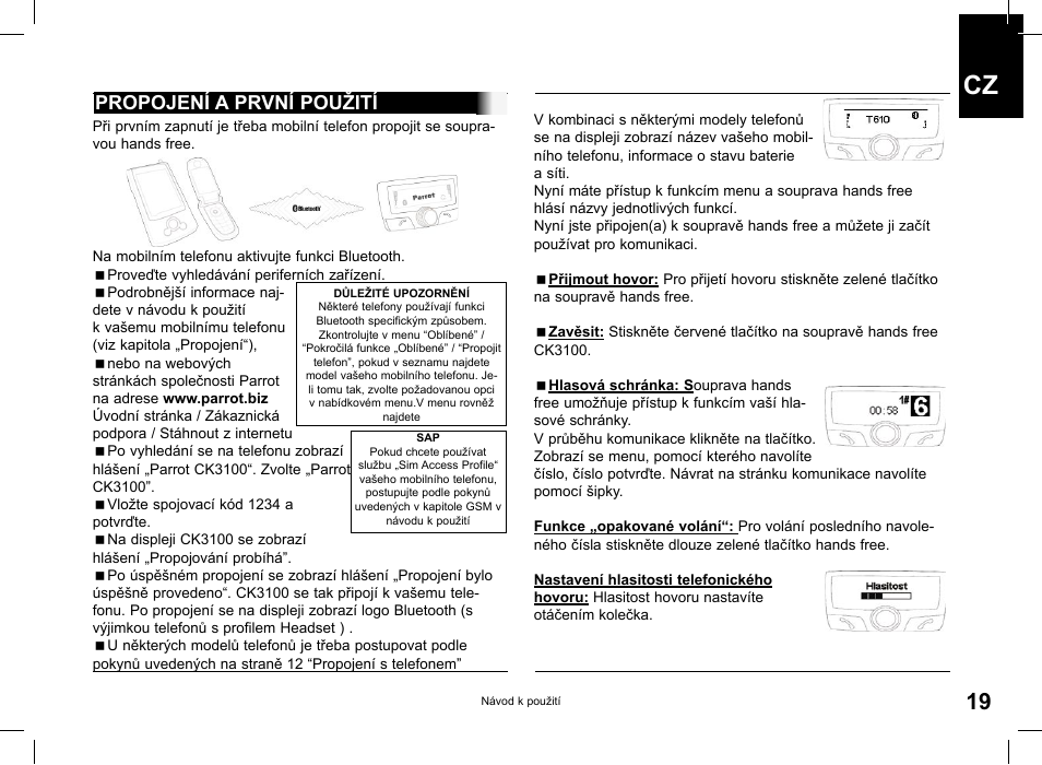 Propojení a první použití | Parrot CK3100 User Manual | Page 19 / 48