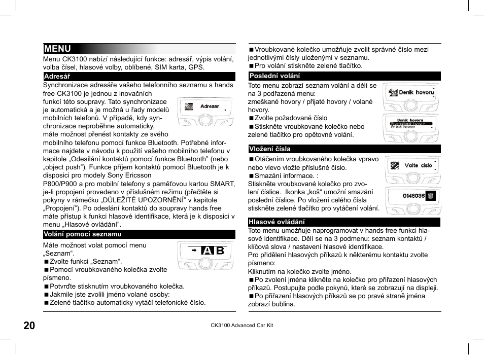 Menu | Parrot CK3100 User Manual | Page 20 / 48
