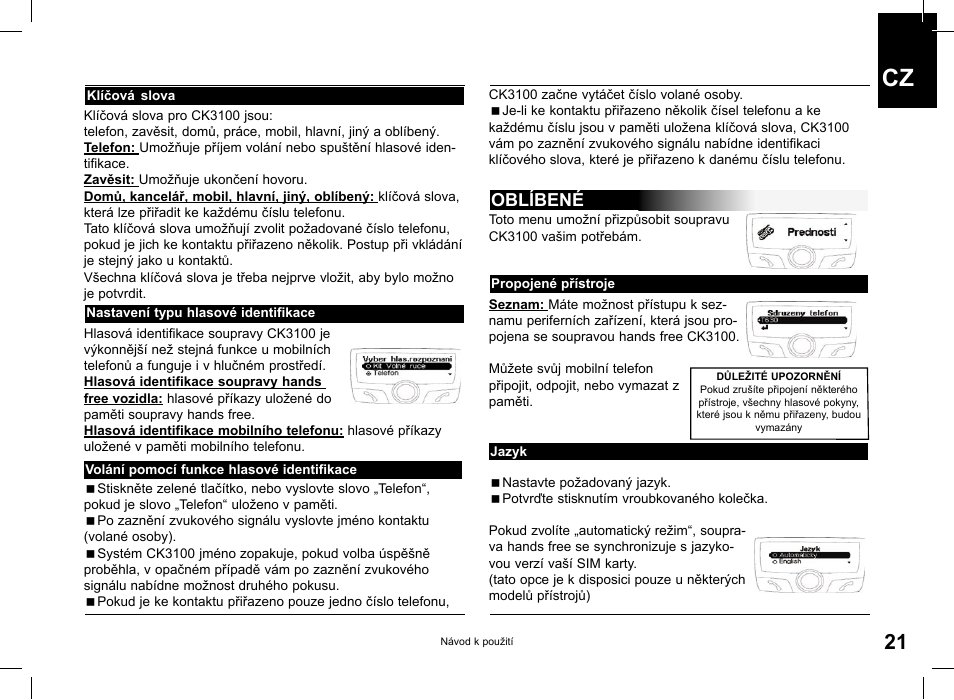 Oblíbené | Parrot CK3100 User Manual | Page 21 / 48