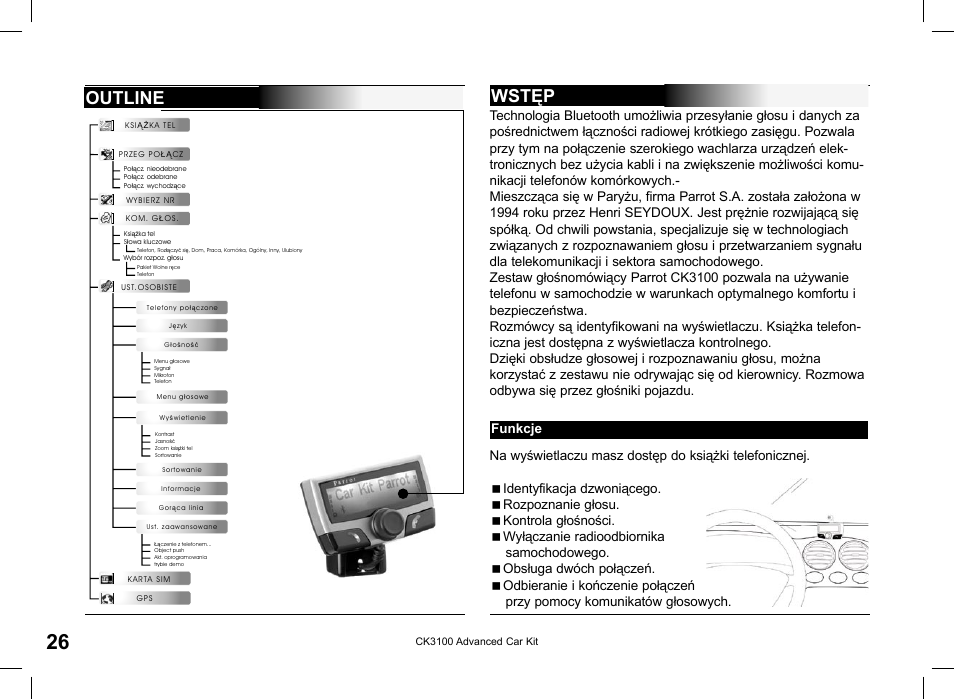 Outline, Wstęp, Funkcje | Parrot CK3100 User Manual | Page 26 / 48