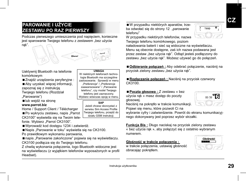 Parowanie i użycie zestawu po raz pierwszy | Parrot CK3100 User Manual | Page 29 / 48