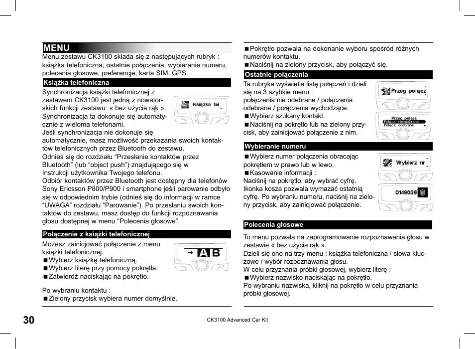 Menu | Parrot CK3100 User Manual | Page 30 / 48