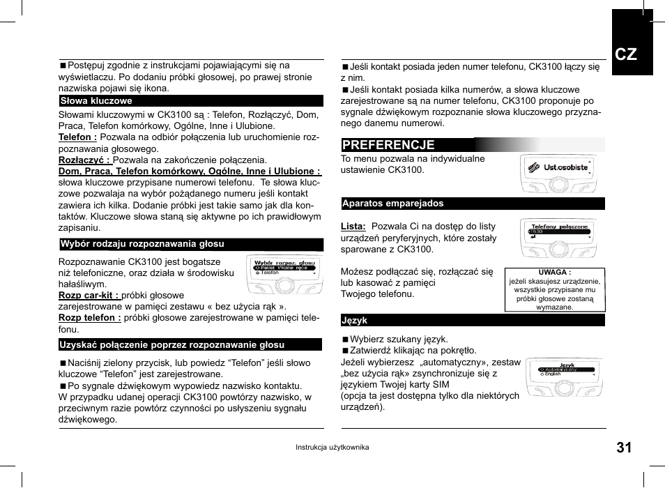 Preferencje | Parrot CK3100 User Manual | Page 31 / 48