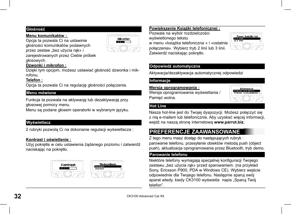 Preferencje zaawansowane | Parrot CK3100 User Manual | Page 32 / 48