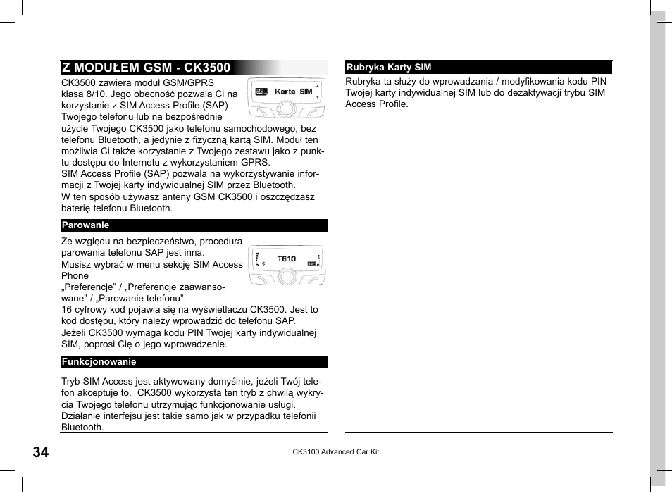 Z modułem gsm - ck3500 | Parrot CK3100 User Manual | Page 34 / 48