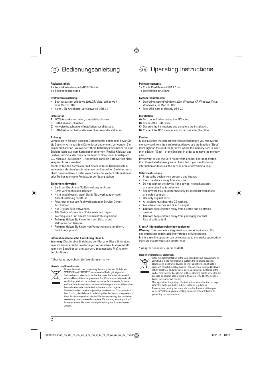 D bedienungsanleitung g operating instructions | Hama Combi Card Reader Premium Silver User Manual | Page 5 / 12