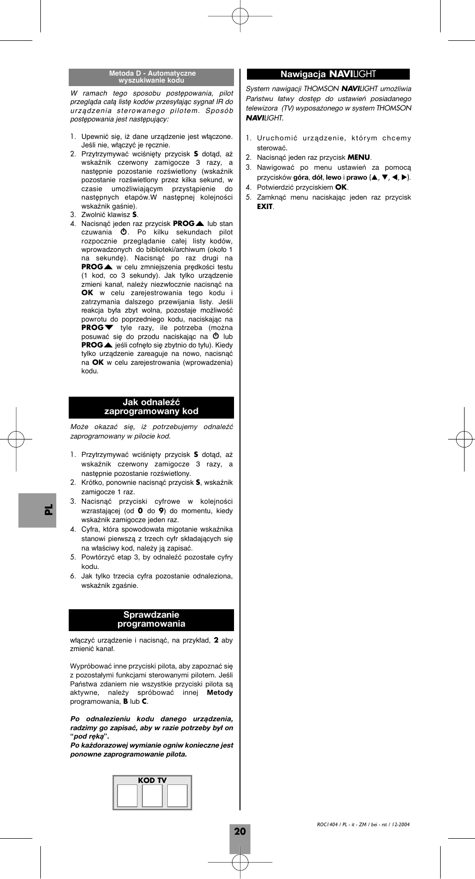 20 nawigacja navi light, Jak odnaleźć zaprogramowany kod, Sprawdzanie programowania | Hama ROC1404 User Manual | Page 24 / 38