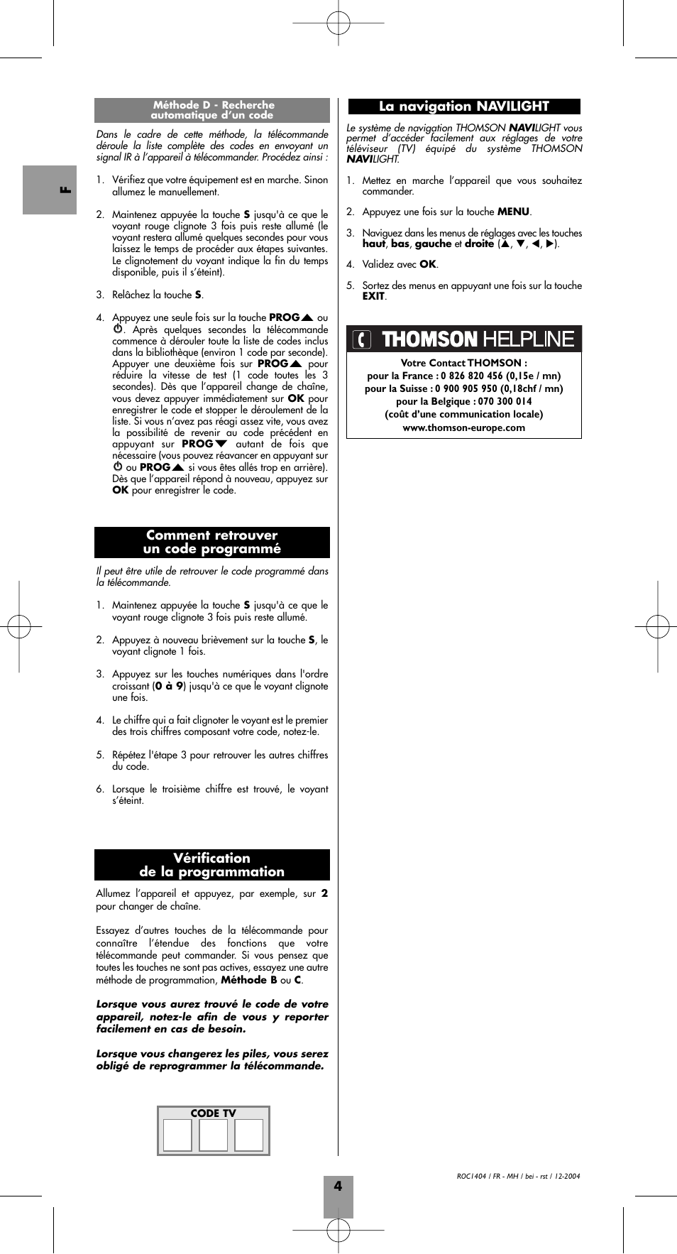 4comment retrouver un code programmé, Vérification de la programmation, La navigation navilight | Hama ROC1404 User Manual | Page 8 / 38