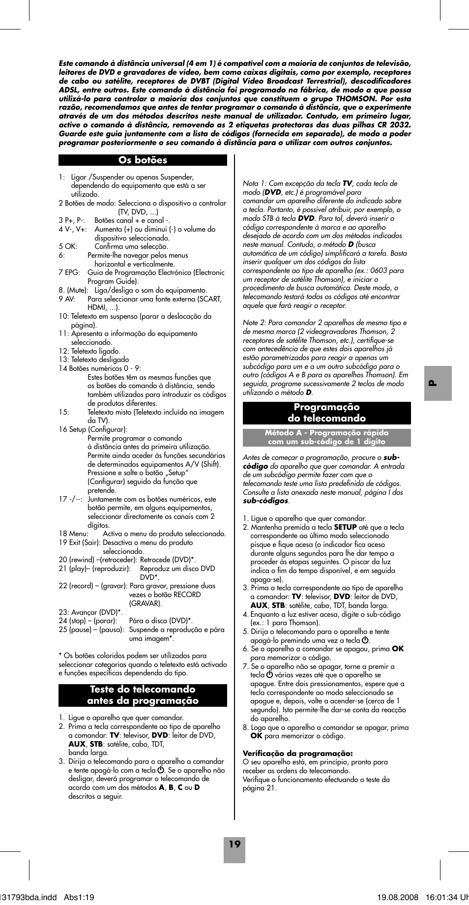 Programação do telecomando | Hama ROC4218 User Manual | Page 24 / 54