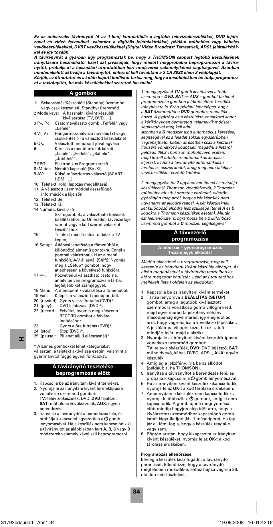 A távvezérlő programozása | Hama ROC4218 User Manual | Page 39 / 54