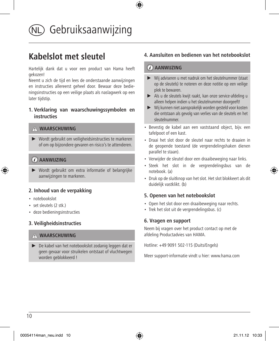 Ogebruiksaanwijzing, Kabelslot met sleutel | Hama Secure User Manual | Page 10 / 22