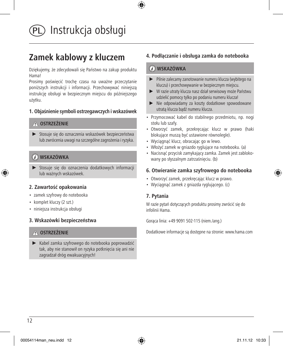 Qinstrukcja obsługi, Zamek kablowy z kluczem | Hama Secure User Manual | Page 12 / 22