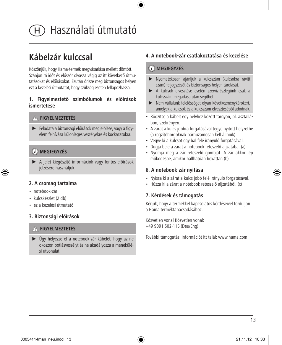 Hhasználati útmutató, Kábelzár kulccsal | Hama Secure User Manual | Page 13 / 22