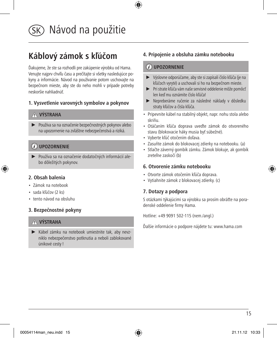 Vnávod na použitie, Káblový zámok s kľúčom | Hama Secure User Manual | Page 15 / 22