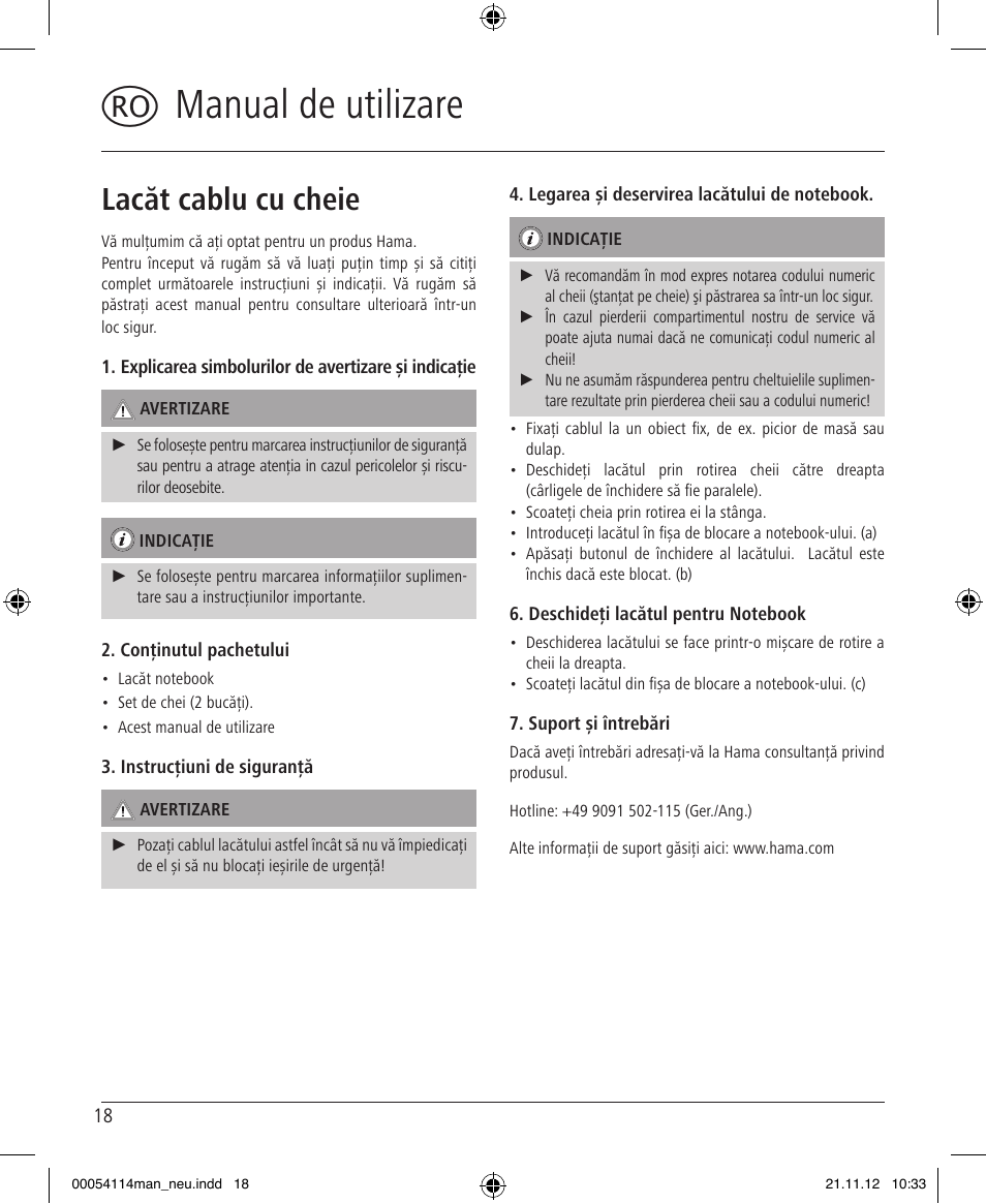 Rmanual de utilizare, Lacăt cablu cu cheie | Hama Secure User Manual | Page 18 / 22