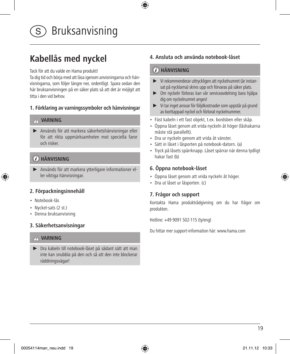 Sbruksanvisning, Kabellås med nyckel | Hama Secure User Manual | Page 19 / 22