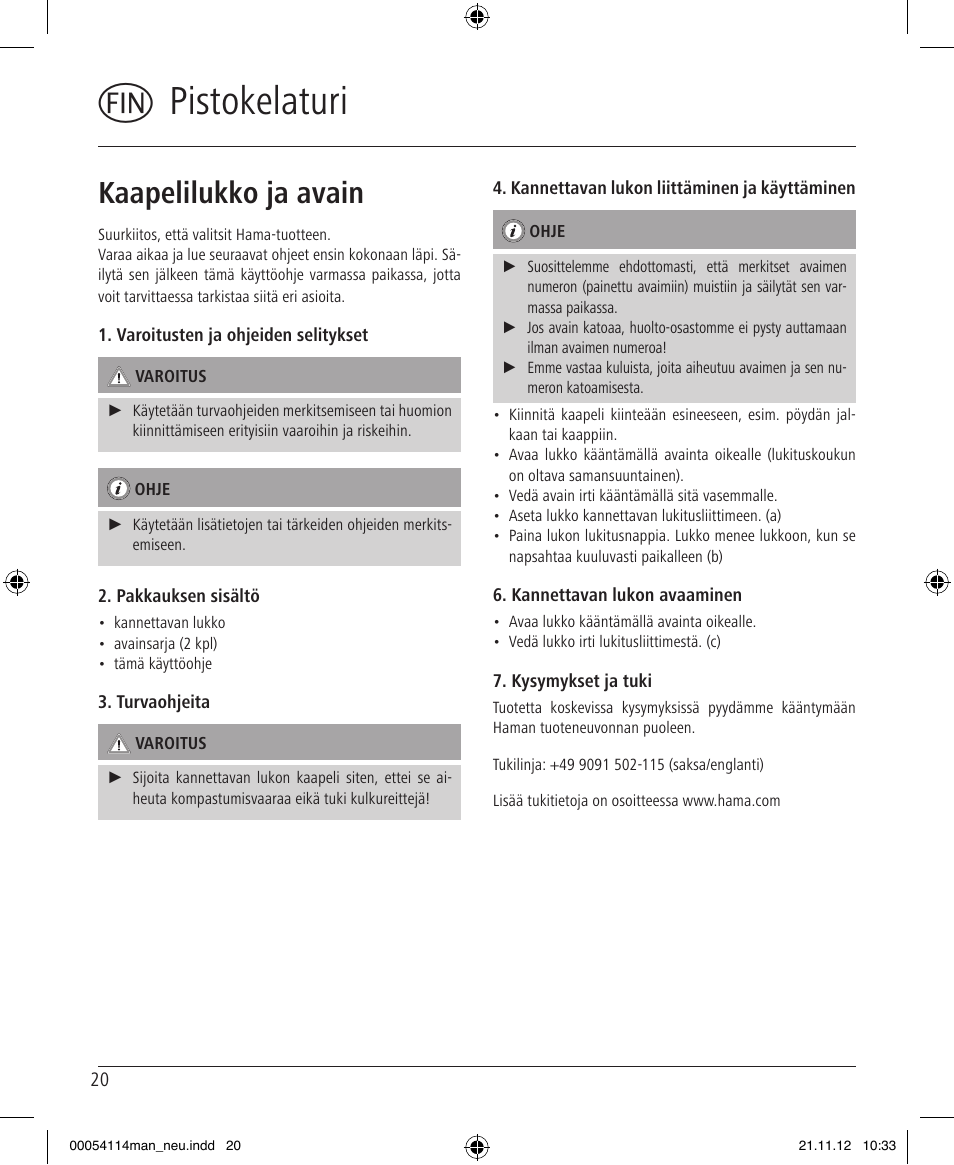 Mpistokelaturi, Kaapelilukko ja avain | Hama Secure User Manual | Page 20 / 22