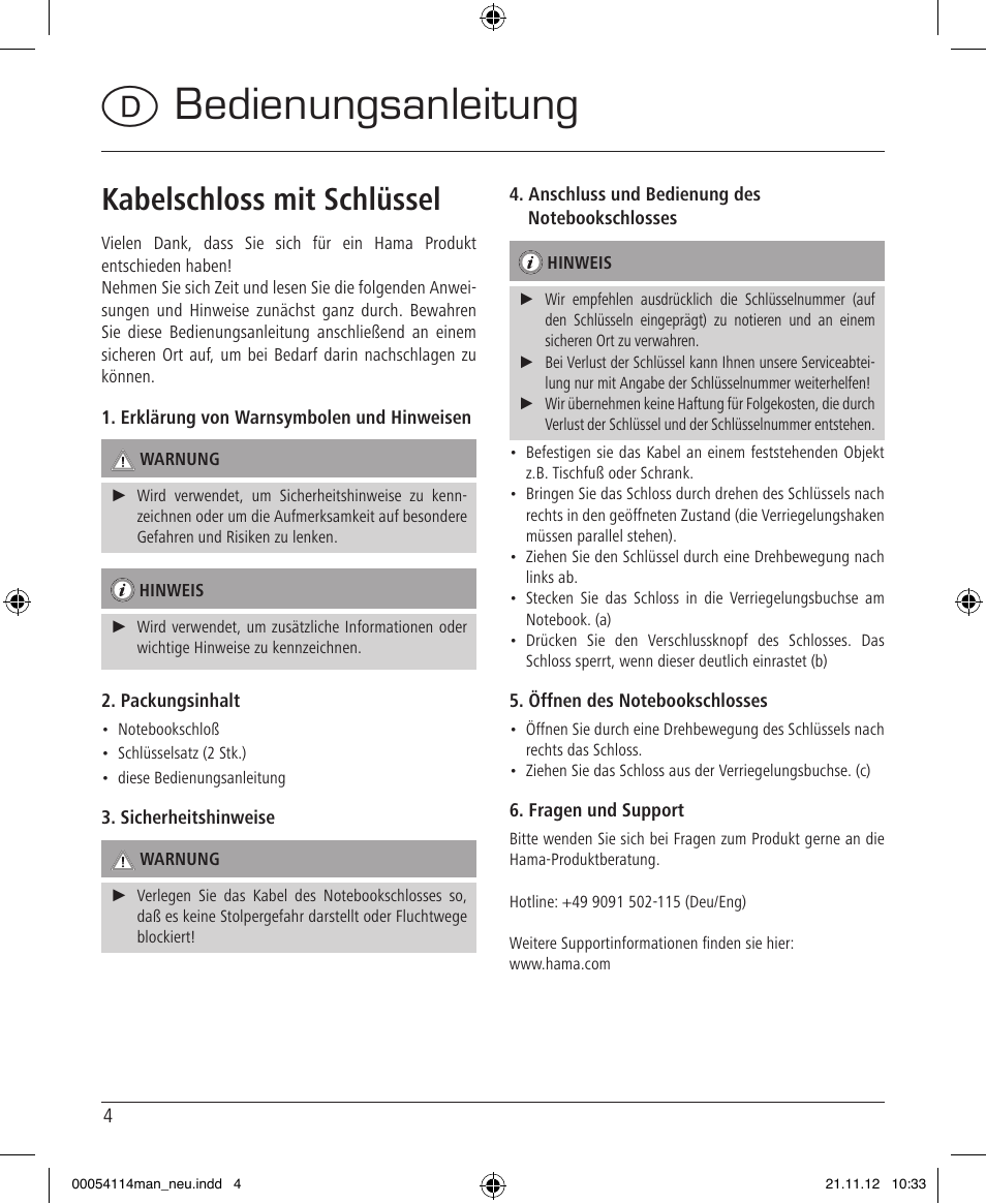 Dbedienungsanleitung, Kabelschloss mit schlüssel | Hama Secure User Manual | Page 4 / 22