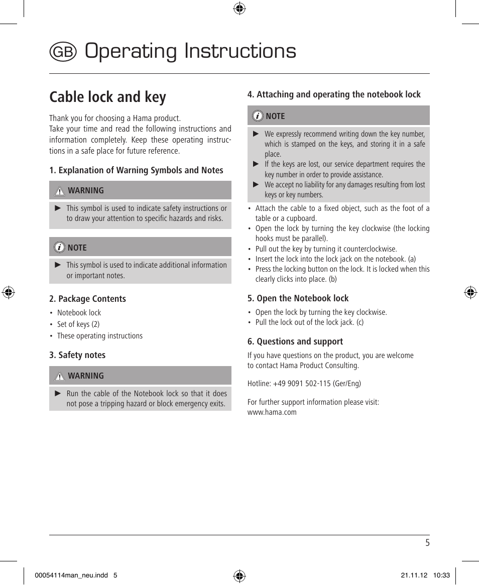 Goperating instructions, Cable lock and key | Hama Secure User Manual | Page 5 / 22