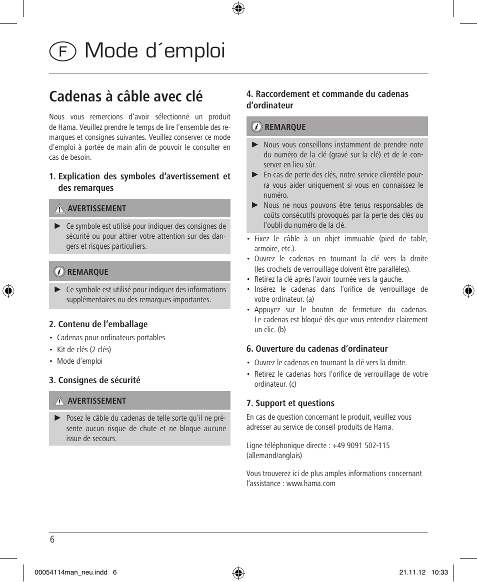 Fmode d´emploi, Cadenas à câble avec clé | Hama Secure User Manual | Page 6 / 22