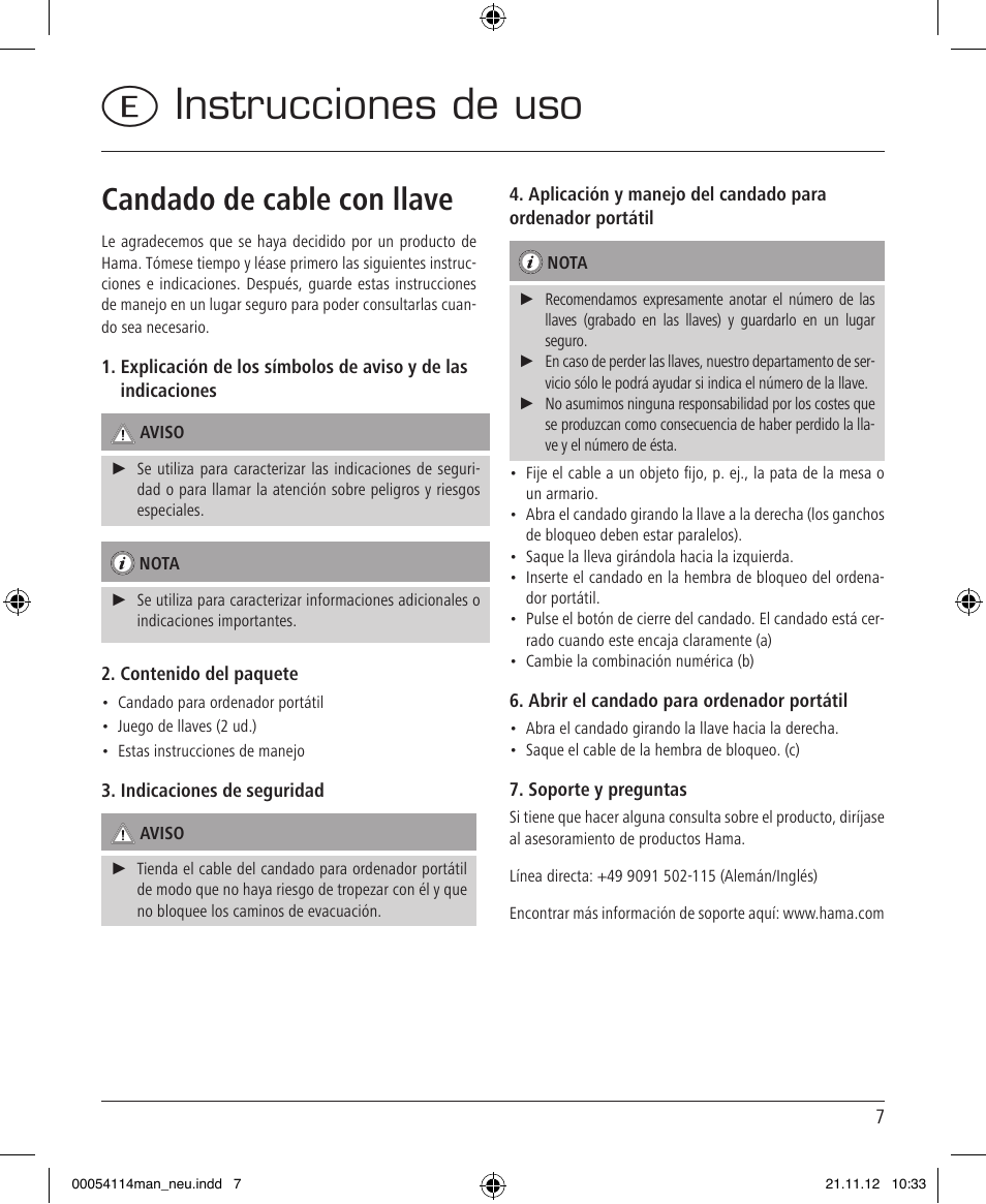 Einstrucciones de uso, Candado de cable con llave | Hama Secure User Manual | Page 7 / 22