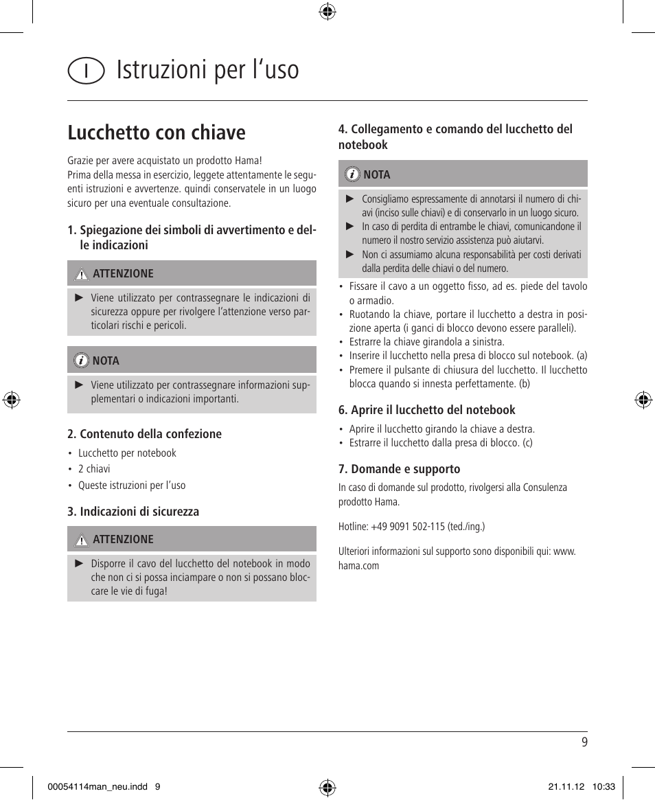 Iistruzioni per l‘uso, Lucchetto con chiave | Hama Secure User Manual | Page 9 / 22