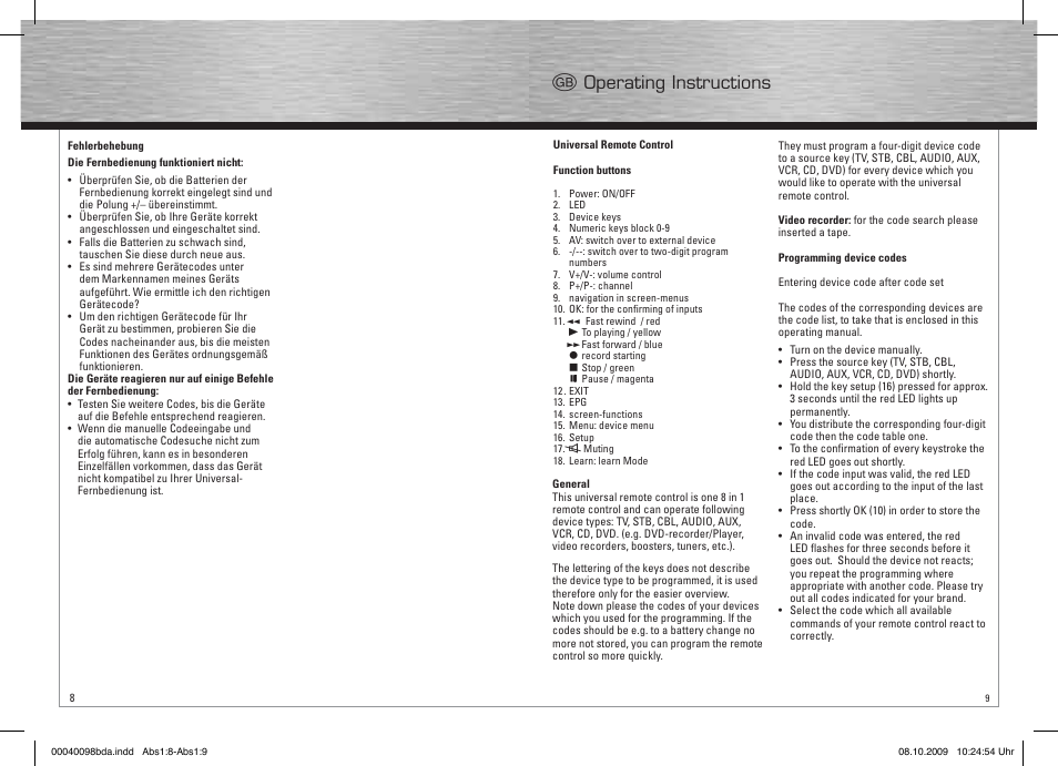 G operating instructions | Hama Remote Control Universal 8in1 User Manual | Page 5 / 30