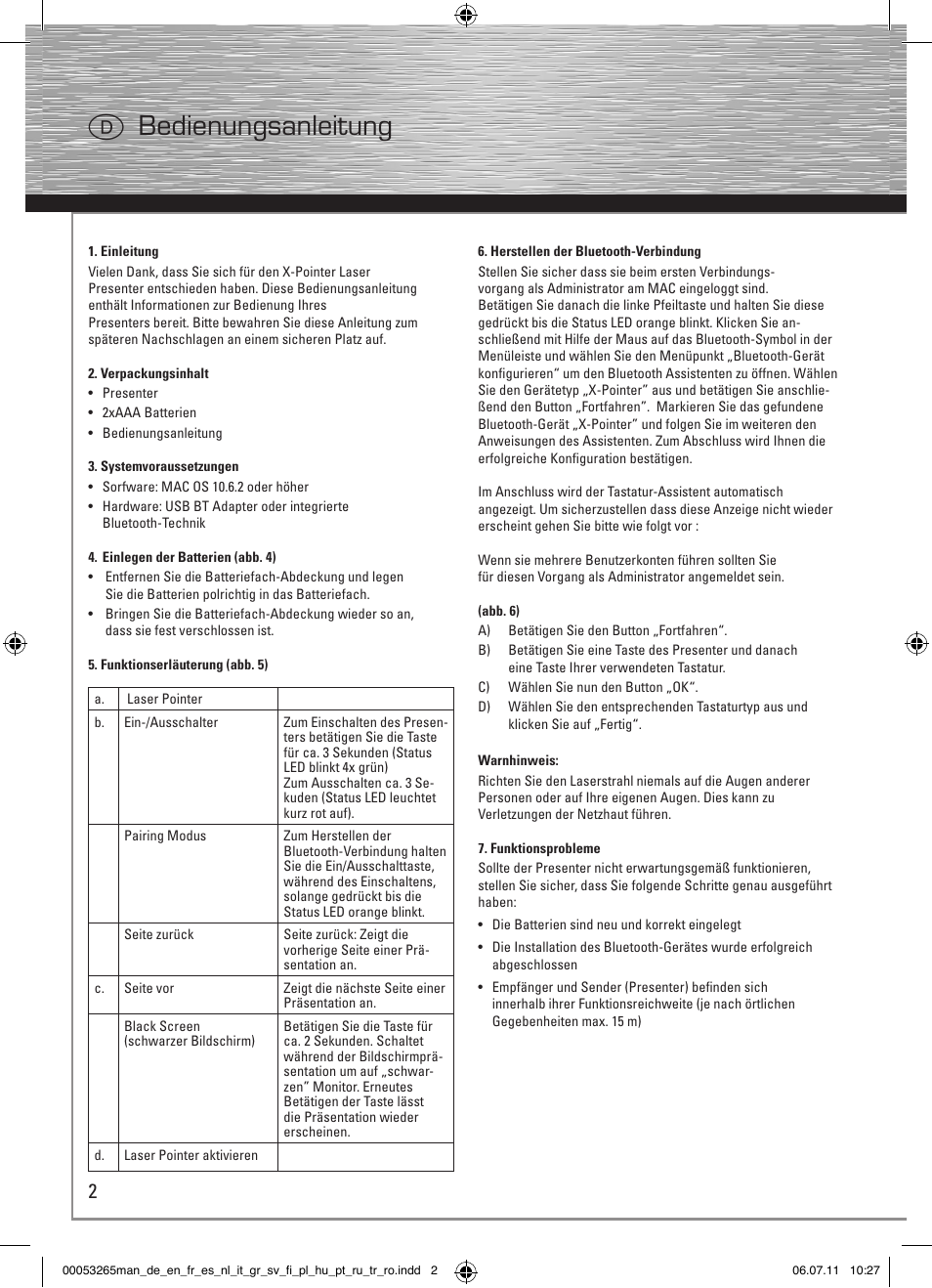 Dbedienungsanleitung | Hama X-Pointer bluetooth presenter User Manual | Page 5 / 21