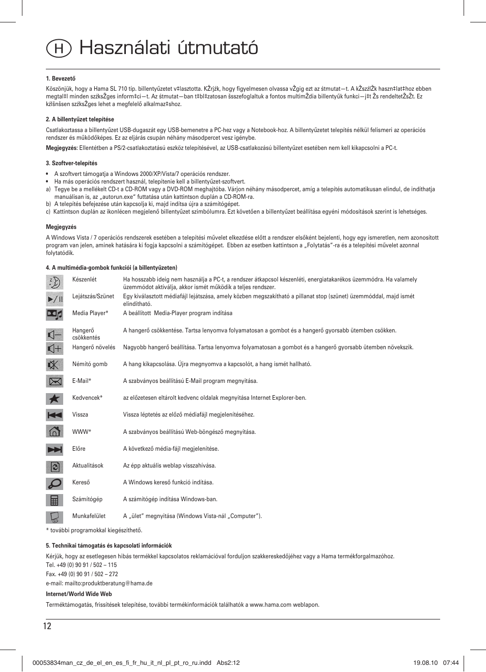 H használati útmutató | Hama Media Keyboard User Manual | Page 13 / 21