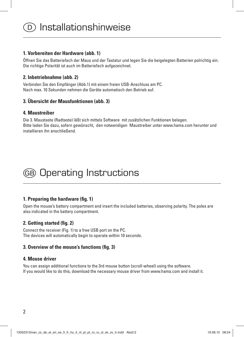 D installationshinweise, Operating instructions g | Hama RF 2000 User Manual | Page 5 / 15