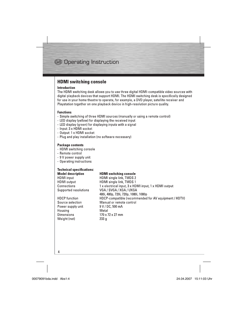 Hama Switching Console HDMI User Manual | Page 5 / 20