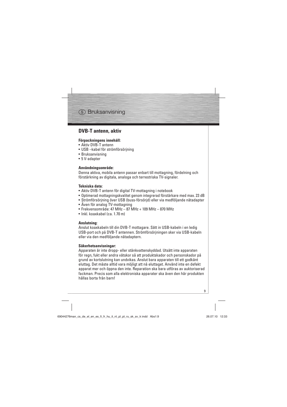 Dvb-t antenn, aktiv, S bruksanvisning | Hama Mobille DVB-T Antenna User Manual | Page 10 / 20