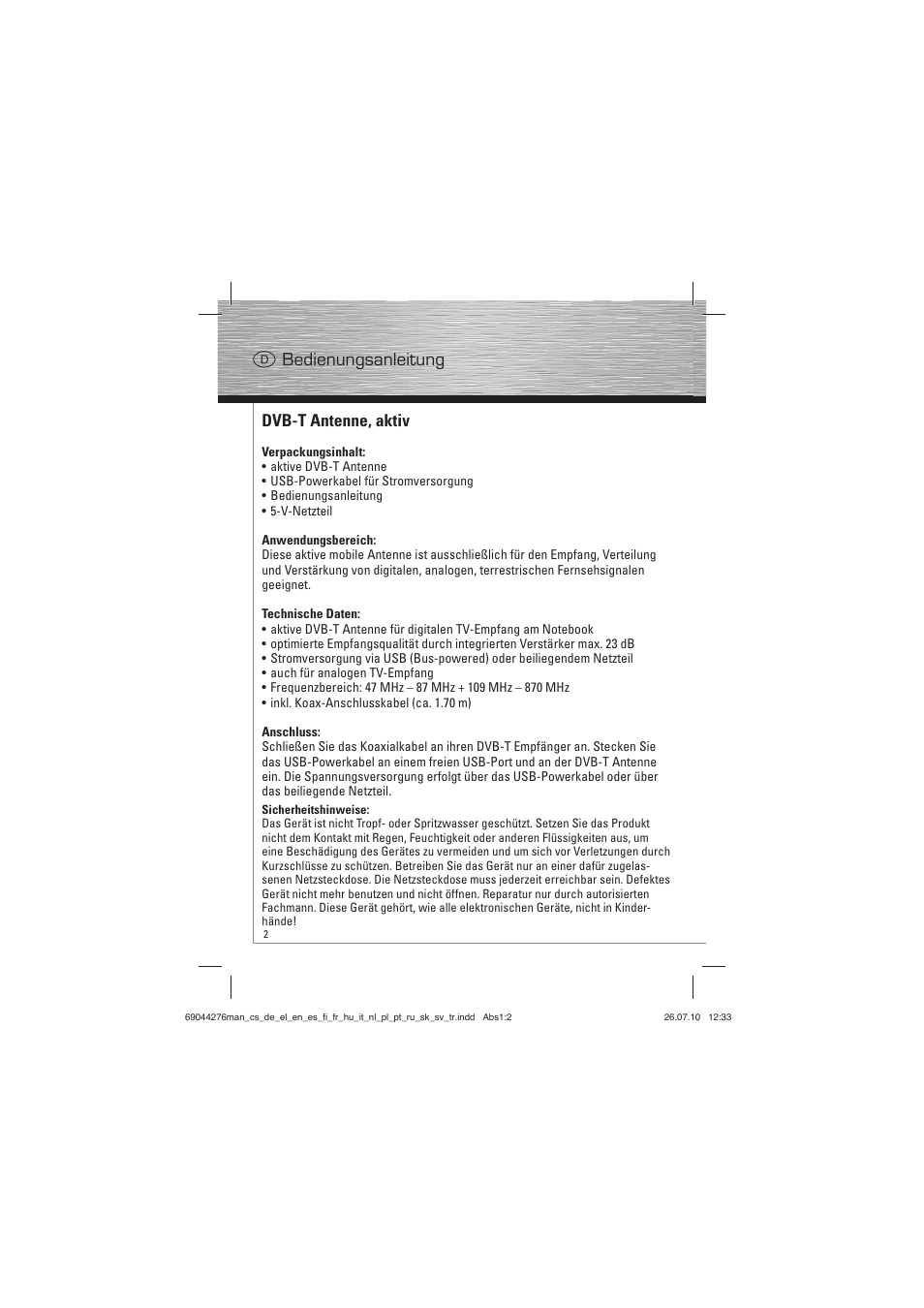 D bedienungsanleitung, Dvb-t antenne, aktiv | Hama Mobille DVB-T Antenna User Manual | Page 3 / 20