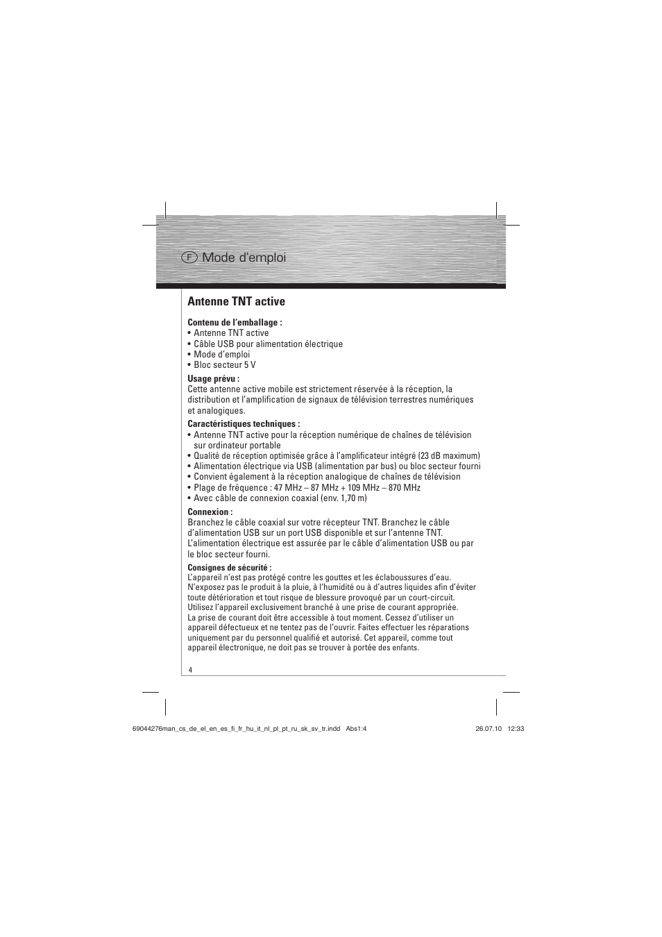 Antenne tnt active, F mode d’emploi | Hama Mobille DVB-T Antenna User Manual | Page 5 / 20
