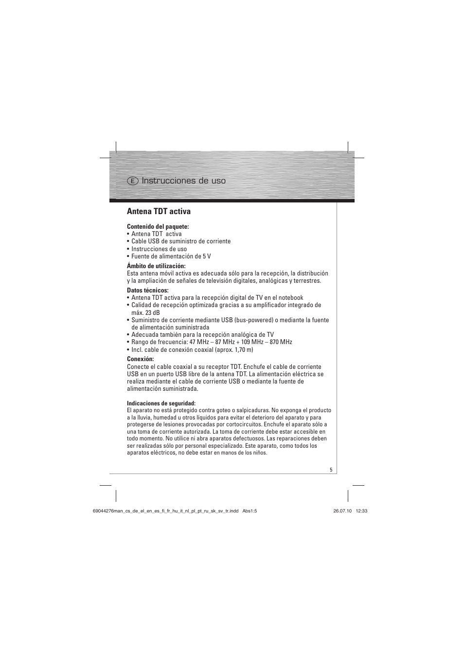 Antena tdt activa, E instrucciones de uso | Hama Mobille DVB-T Antenna User Manual | Page 6 / 20