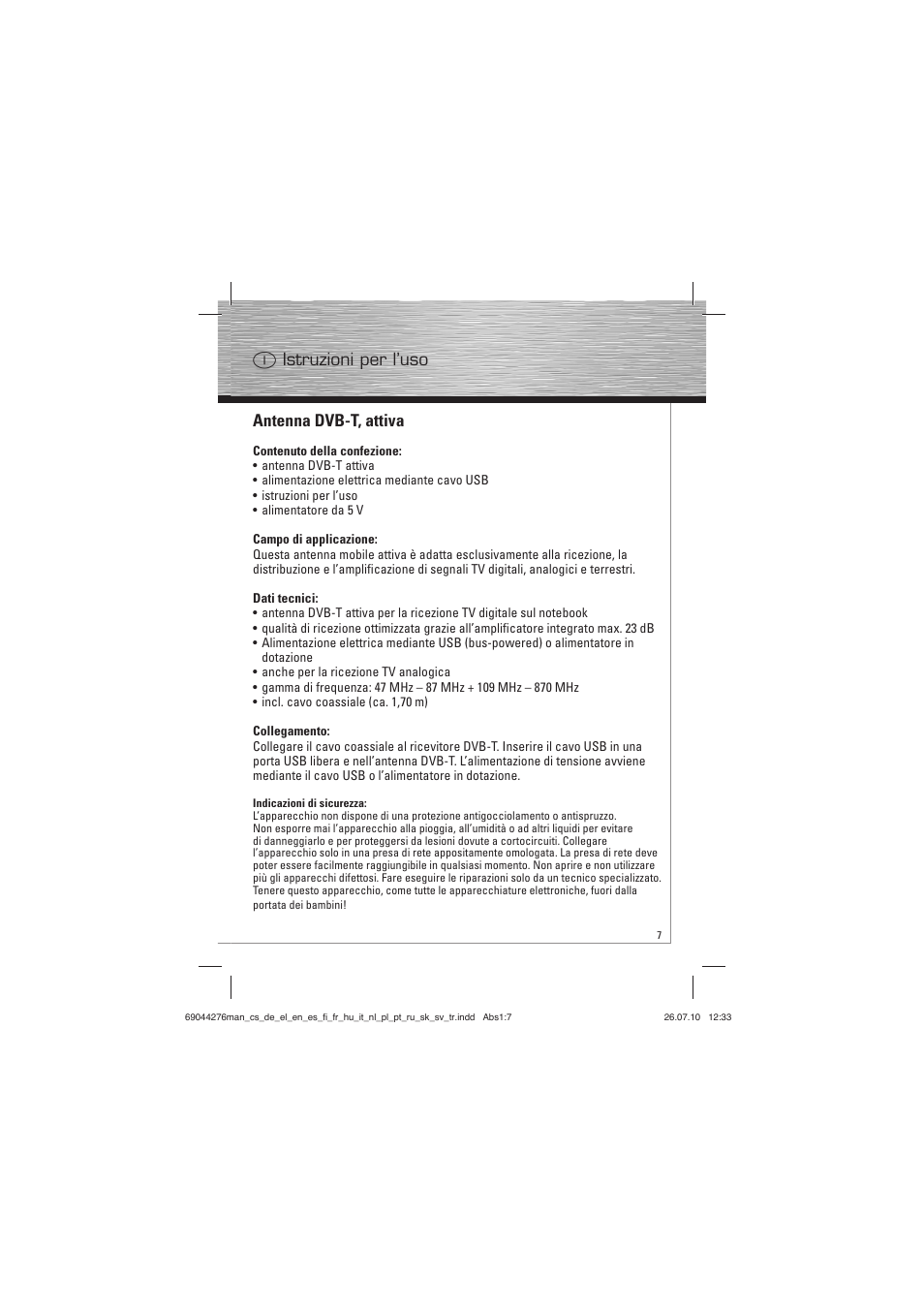 Antenna dvb-t, attiva, I istruzioni per l’uso | Hama Mobille DVB-T Antenna User Manual | Page 8 / 20