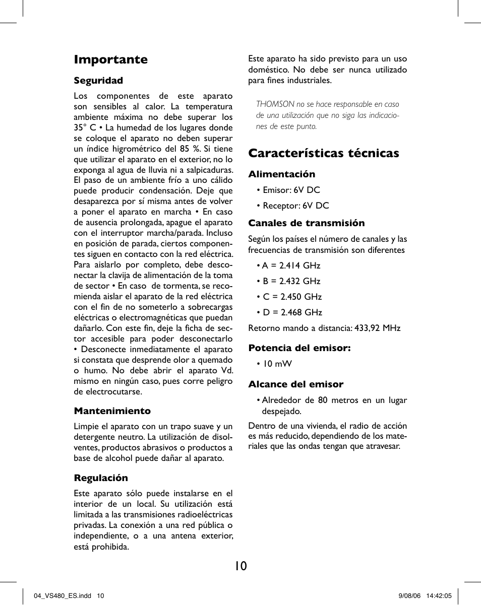 Importante, Características técnicas | Hama VS480 User Manual | Page 14 / 48