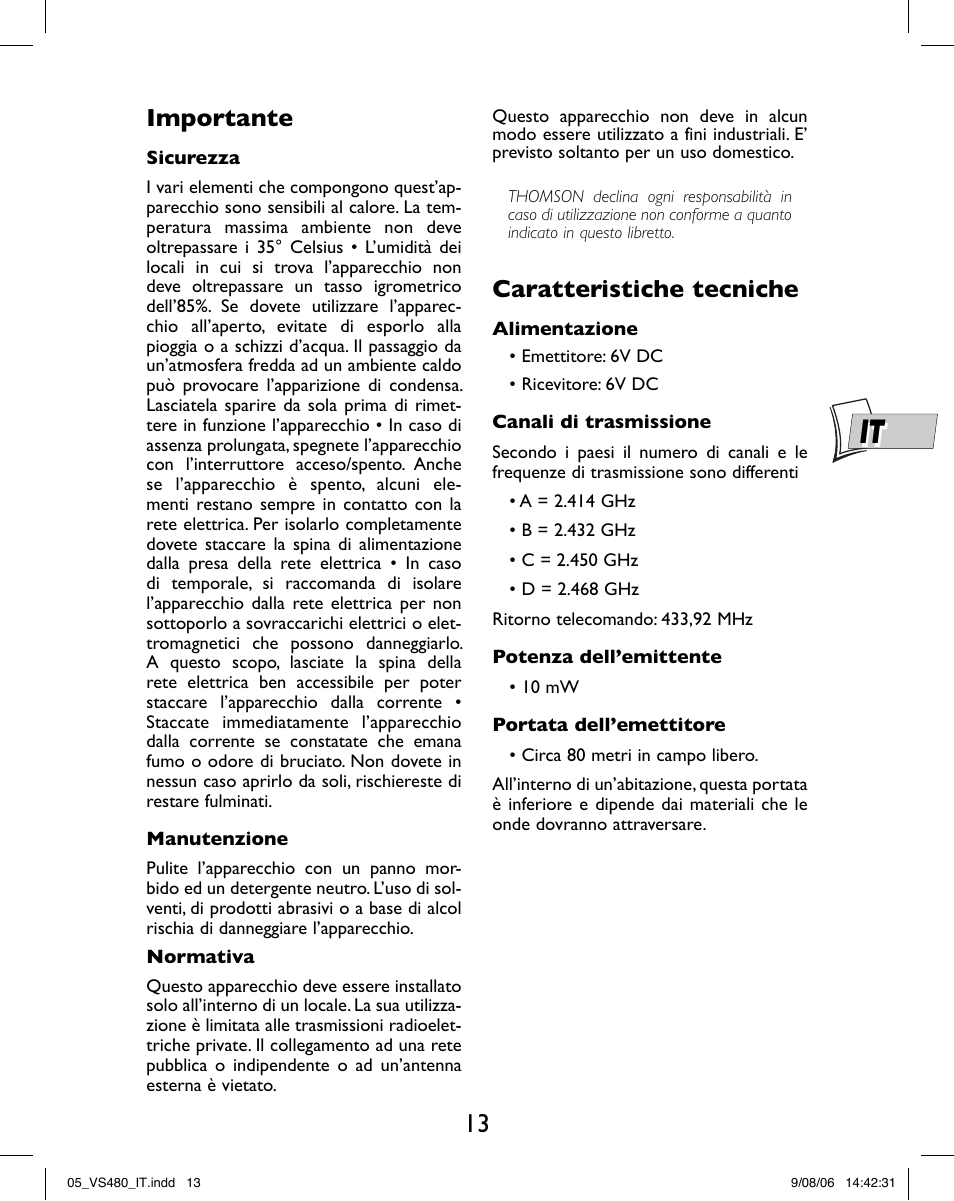 Importante, Caratteristiche tecniche | Hama VS480 User Manual | Page 17 / 48