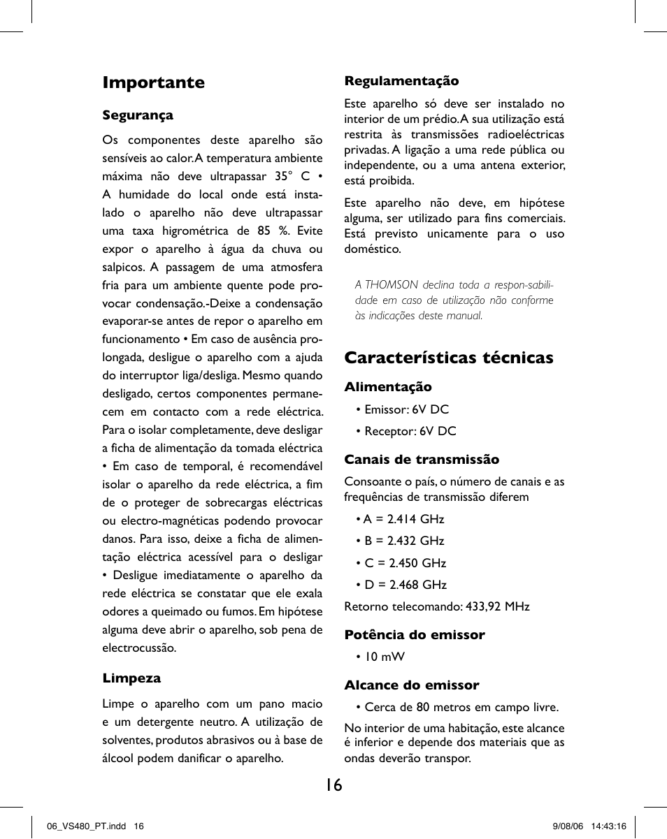 Importante, Características técnicas | Hama VS480 User Manual | Page 20 / 48