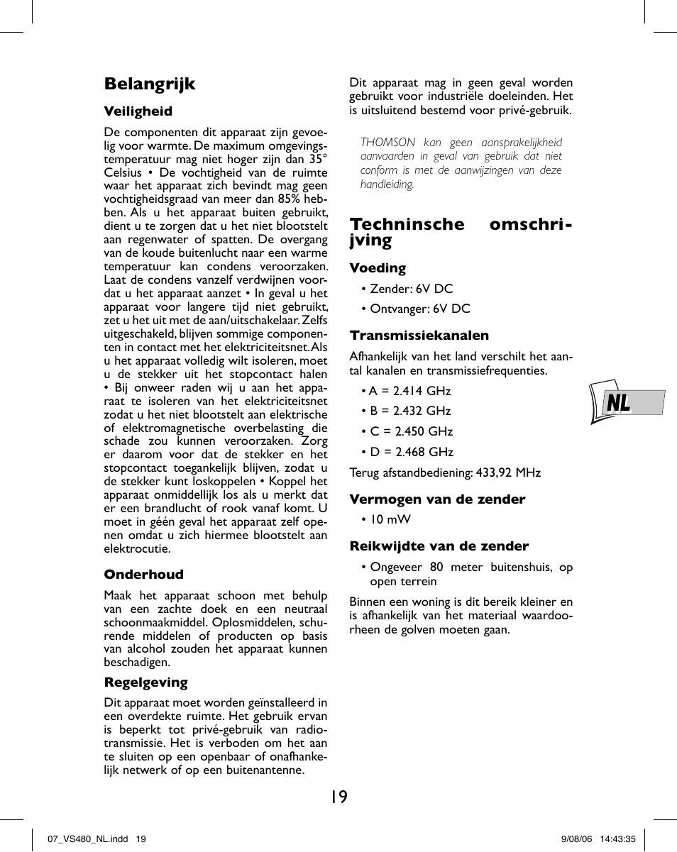 Belangrijk, Techninsche omschri- jving | Hama VS480 User Manual | Page 23 / 48