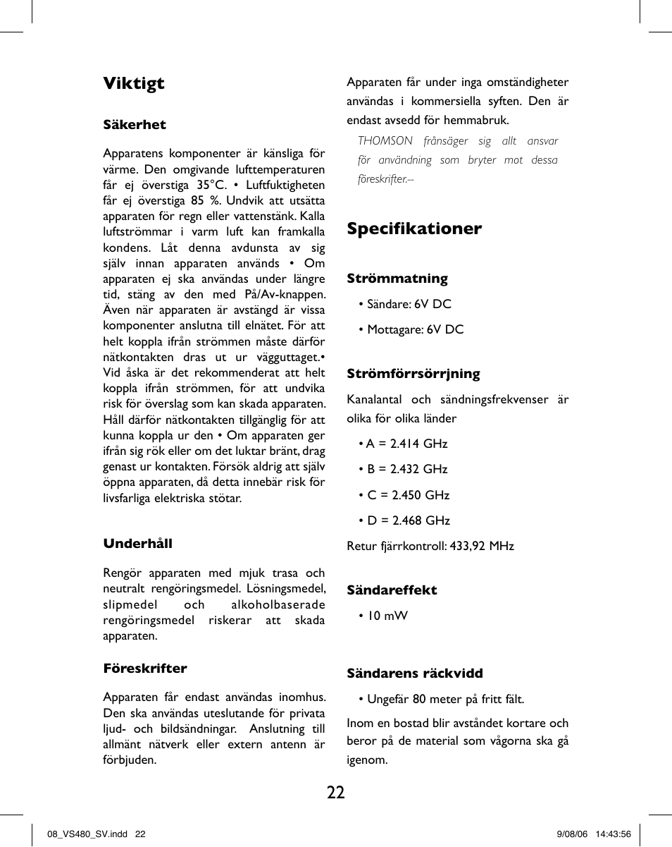 Viktigt, Specifikationer | Hama VS480 User Manual | Page 26 / 48