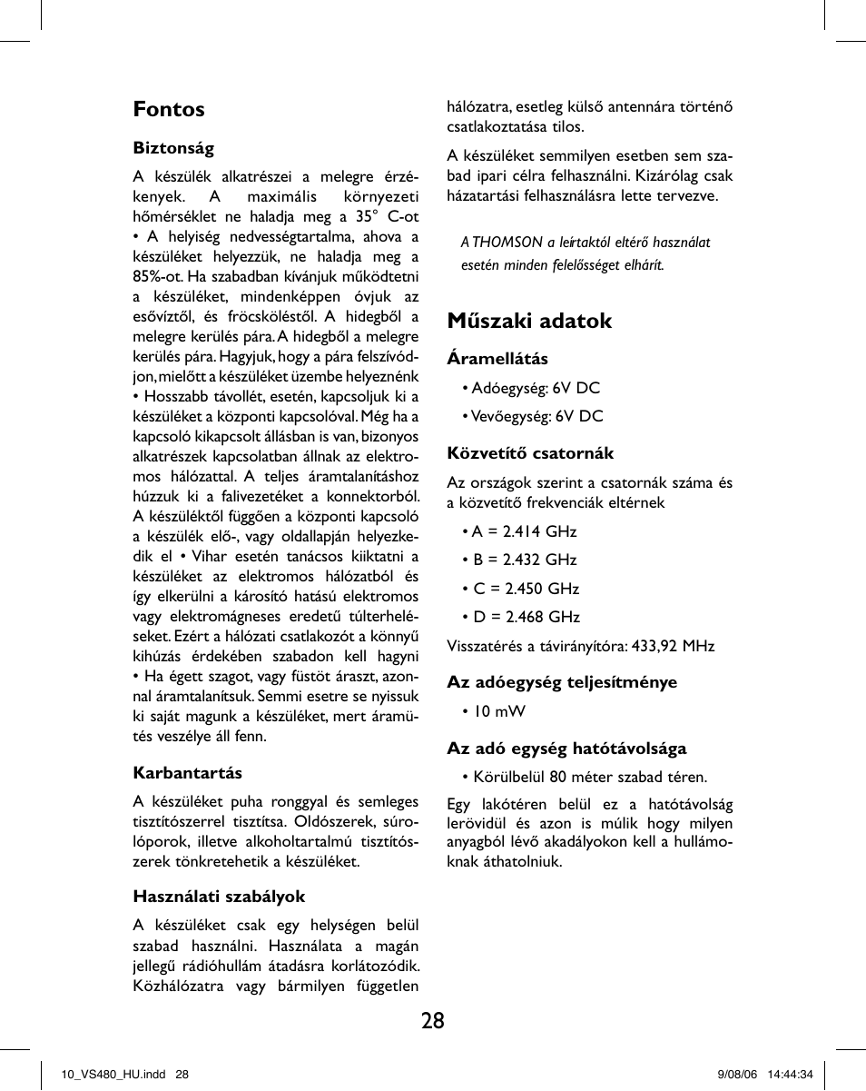 Fontos, Műszaki adatok | Hama VS480 User Manual | Page 32 / 48