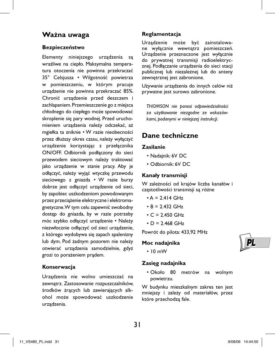 Ważna uwaga, Dane techniczne | Hama VS480 User Manual | Page 35 / 48