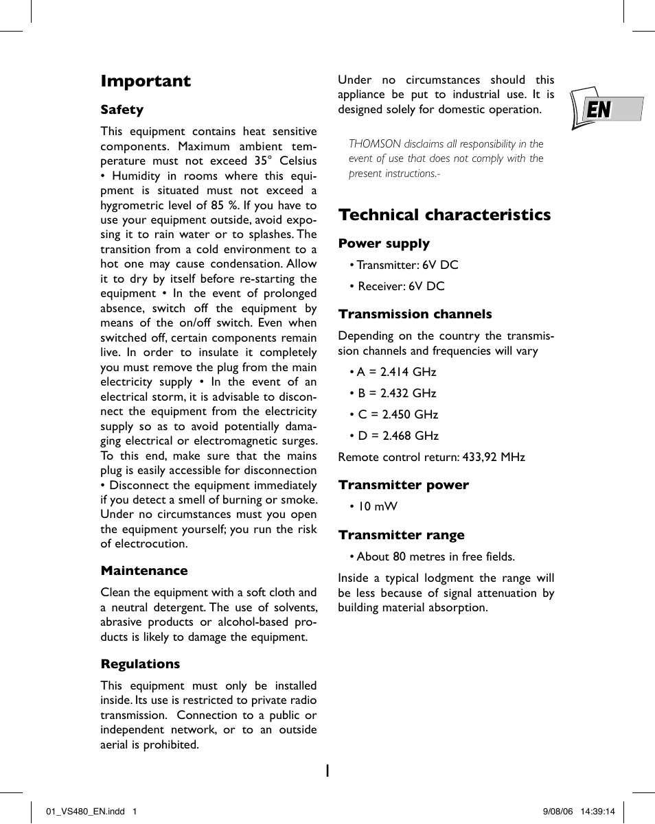 Important, Technical characteristics | Hama VS480 User Manual | Page 5 / 48