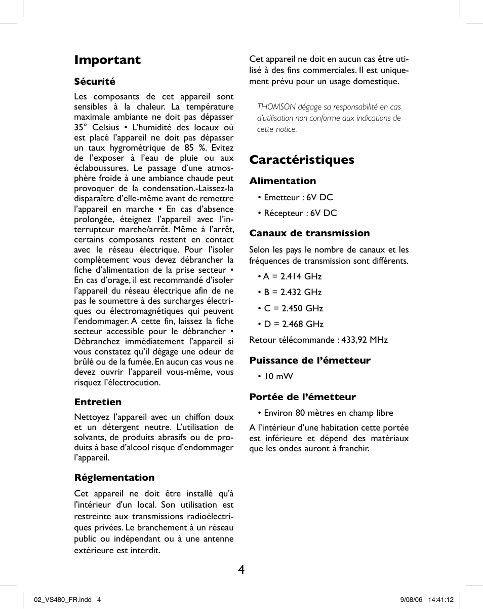 Important, Caractéristiques | Hama VS480 User Manual | Page 8 / 48