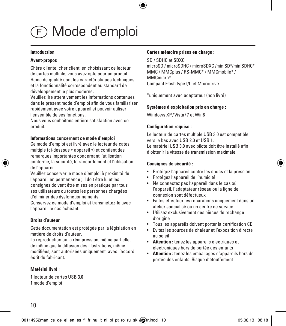 Fmode d‘emploi | Hama Card Reader SuperSpeed 3in1 User Manual | Page 10 / 70