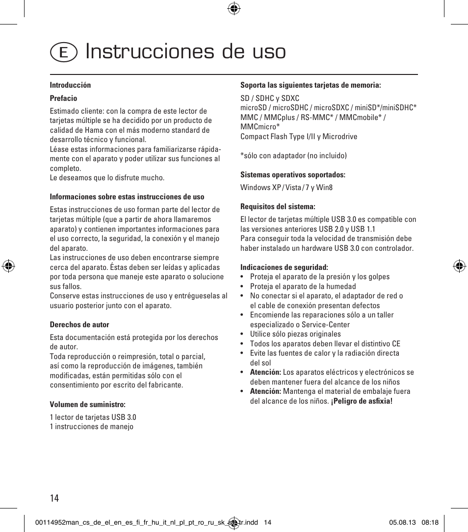 Einstrucciones de uso | Hama Card Reader SuperSpeed 3in1 User Manual | Page 14 / 70
