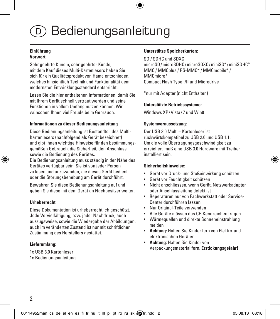 Dbedienungsanleitung | Hama Card Reader SuperSpeed 3in1 User Manual | Page 2 / 70