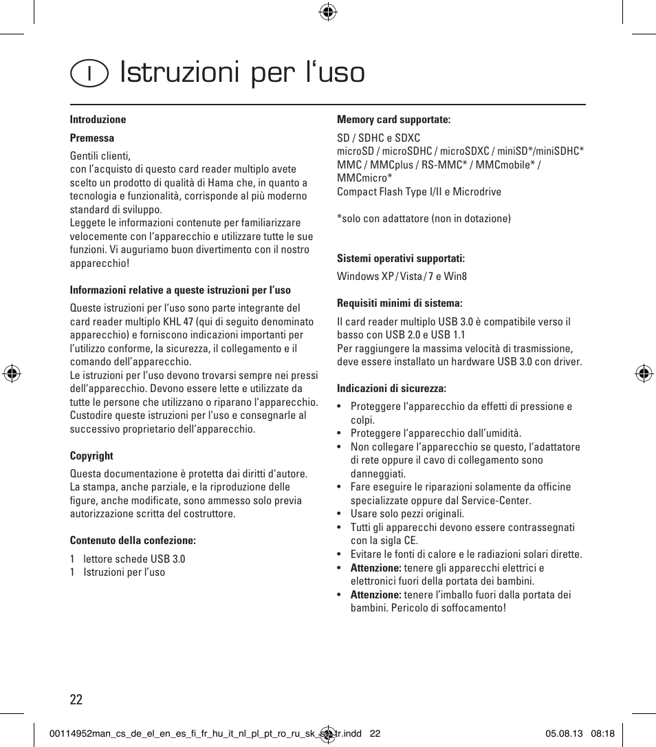 Iistruzioni per l‘uso | Hama Card Reader SuperSpeed 3in1 User Manual | Page 22 / 70